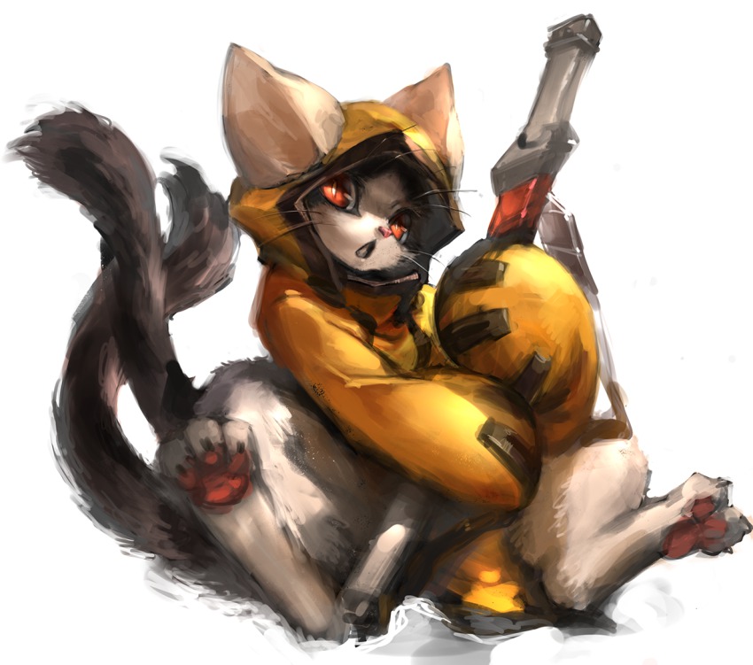animal_hood, arc_system_works, blazblue, cat, cat_hood, cat_tail, hood, jubei_(blazblue), multiple_tails, no_humans, red_eyes, sheath, sheathed, solo, tail, weapon, yadori_(frousol)