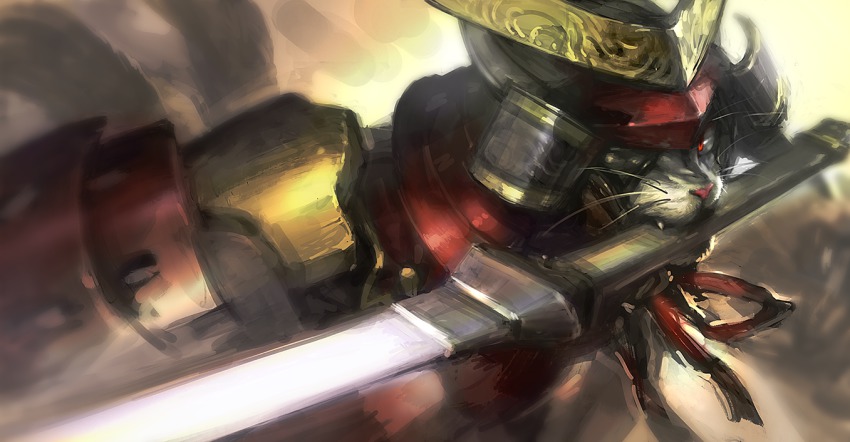 arc_system_works, armor, blazblue, cat, eyepatch, helmet, japanese_armor, jubei_(blazblue), kabuto_(helmet), mouth_hold, no_humans, red_eyes, samurai, solo, sword, weapon, yadori_(frousol)