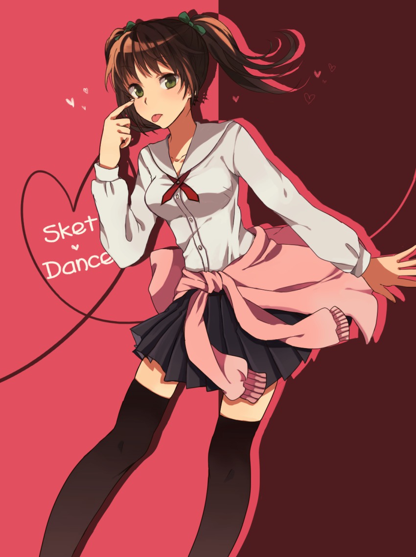 1girl, agata_saaya, akanbe, bow, brown_hair, clothes_around_waist, copyright_name, eyelid_pull