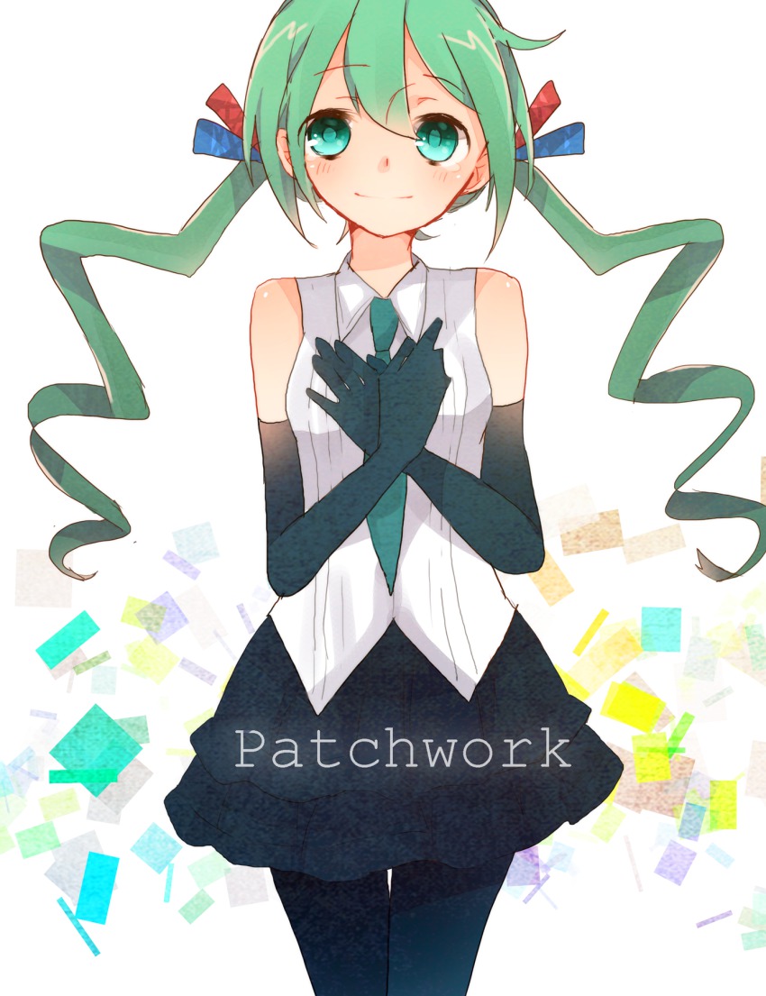 1girl, elbow_gloves, female_focus, gloves, green_eyes, green_hair, hands_on_own_chest, hatsune_miku, hatsune_miku_(patchwork), highres, kawahara_chisato, long_hair, matching_hair/eyes, necktie, pantyhose, project_diva, project_diva_(series), project_diva_extend, skirt, solo, twintails, vocaloid