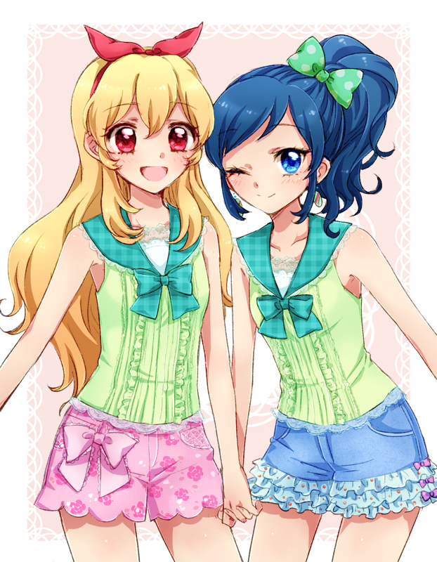 10s, 2girls, :d, aikatsu!, aikatsu!_(series), bad_id, bad_pixiv_id, blonde_hair