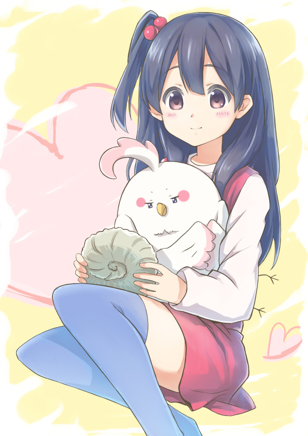 10s, 1girl, bird, black_hair, blue_thighhighs, blush, brown_eyes, dera_mochimazzui