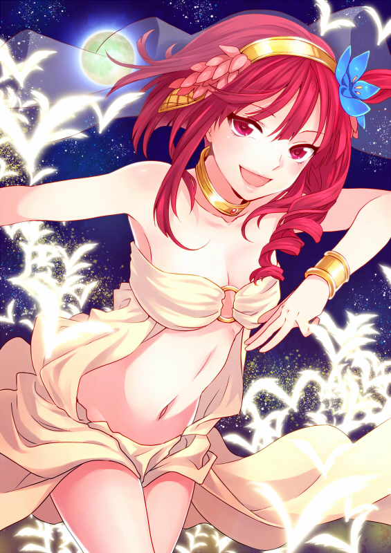 1girl, breasts, choker, female_focus, flower, full_moon, hair_flower, hair_ornament, long_hair, looking_at_viewer, magi_the_labyrinth_of_magic, moon, morgiana, navel, open_mouth, red_eyes, red_hair, sato_iruno, satou_iruno, side_ponytail, smile, solo