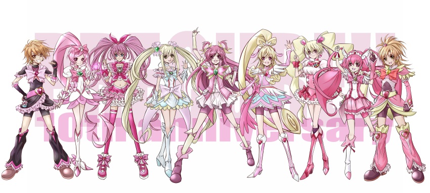 00s, 10s, 6+girls, absurdres, aida_mana, anniversary, arm_warmers, bad_id