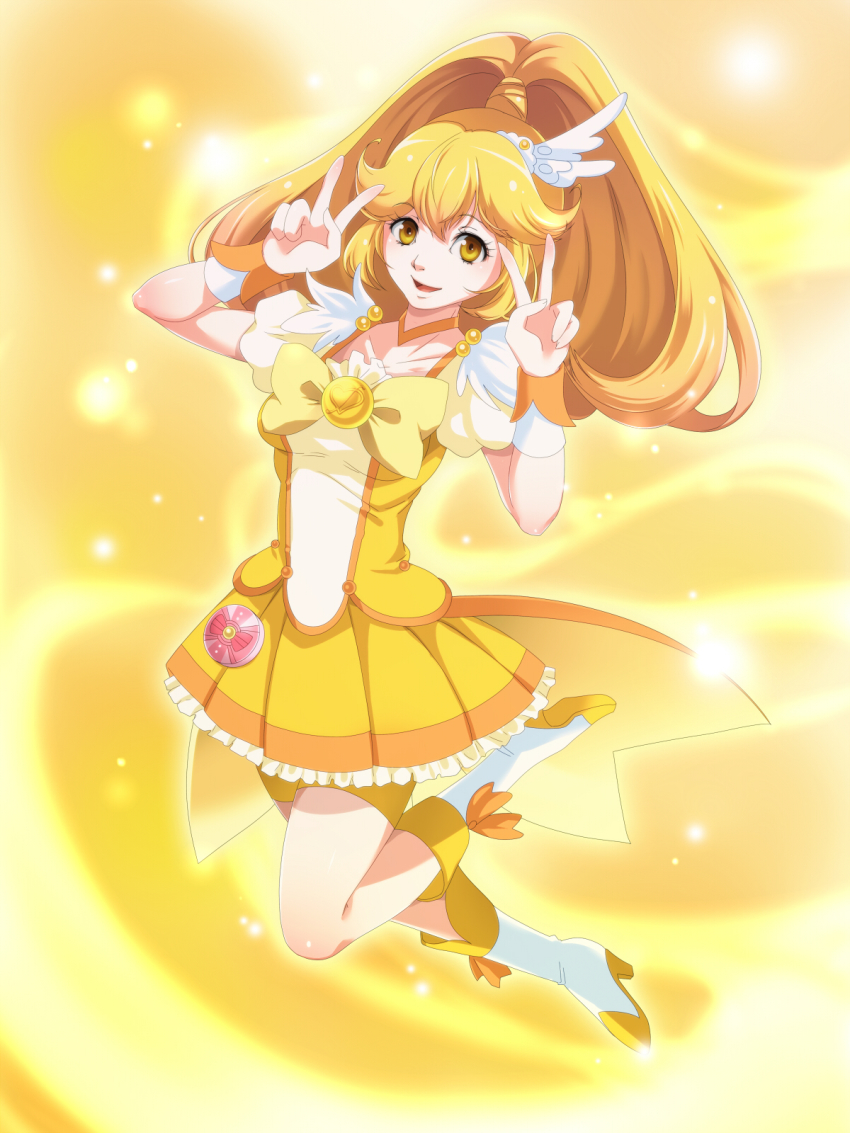 10s, 1girl, bike_shorts, bike_shorts_under_skirt, blonde_hair, boots, bow, choker, cure_peace, double_v, dress, female_focus, hair_flaps, highres, kise_yayoi, long_hair, magical_girl, nakoshe, ponytail, precure, shorts, shorts_under_skirt, skirt, smile, smile_precure!, solo, tiara, v, wrist_cuffs, yellow_bow, yellow_dress, yellow_eyes, yellow_shorts, yellow_skirt, yellow_theme