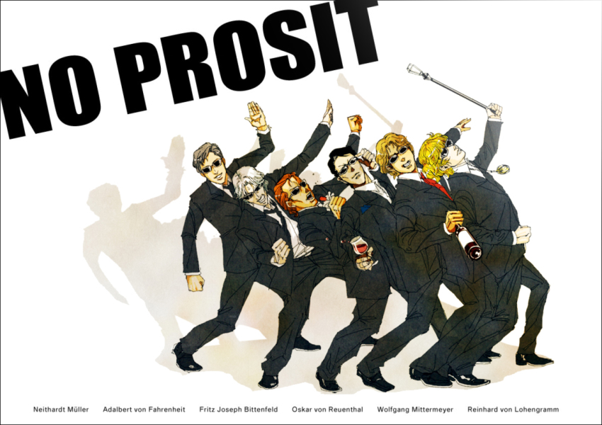 6+boys, adalbert_von_fahrenheit, alcohol, bad_id, bad_pixiv_id, black_hair, blonde_hair, bottle