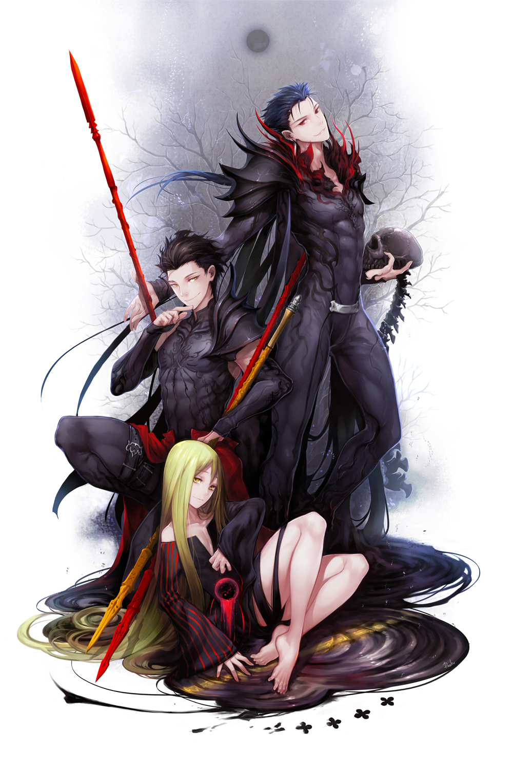 3boys, ahoge, armor, bad_id, bad_pixiv_id, barefoot, black_hair, blue_hair, cu_chulainn_(fate), cu_chulainn_(lancer)_(fate), danhu, dark_persona, diarmuid_ua_duibhne_(fate), diarmuid_ua_duibhne_(lancer)_(fate), enkidu_(fate), fate/stay_night, fate/strange_fake, fate/zero, fate_(series), gae_bolg_(fate), gae_buidhe_(fate), gae_dearg_(fate), green_hair, highres, kawells, long_hair, male_focus, multiple_boys, polearm, ponytail, red_eyes, skull, spear, trap, weapon, yellow_eyes