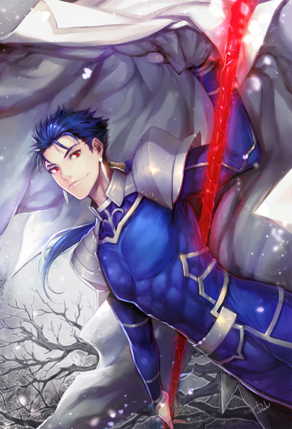 1boy, bad_id, bad_pixiv_id, blue_hair, cape, cloak, cu_chulainn_(fate), cu_chulainn_(fate/stay_night)