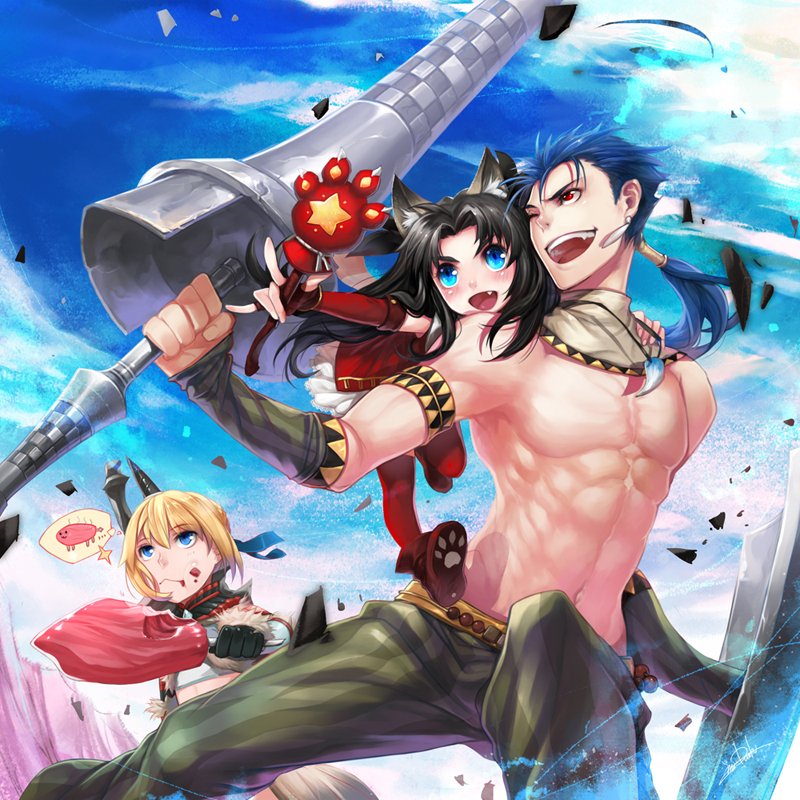 1boy, 2girls, alternate_costume, animal_ears, artoria_pendragon_(fate), bad_id, bad_pixiv_id, black_hair, blue_eyes, blue_hair, boned_meat, capcom, cat_ears, cat_tail, cu_chulainn_(fate), cu_chulainn_(lancer)_(fate), danhu, eating, fang, fate/hollow_ataraxia, fate/stay_night, fate_(series), fingerless_gloves, food, gloves, kaleido_ruby, kawells, kirin_(armor), long_hair, magical_girl, meat, monster_hunter_(series), multiple_girls, parody, polearm, ponytail, red_eyes, saber_(fate), tail, tohsaka_rin, toosaka_rin, topless_male, weapon