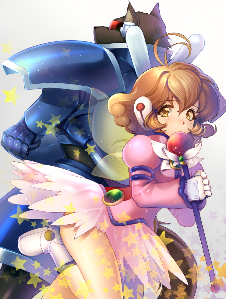 1990s_(style), 1boy, 1girl, ahoge, back, boots, breasts, brown_eyes, brown_hair, corrector_yui, curly_hair, dress, furry, furry_male, gloves, kasuga_yui, magical_girl, momoshiki_tsubaki, pink_shirt, retro_artstyle, shirt, short_hair, synchro, synchro_(corrector_yui), visor, wand, werewolf, wings, yellow_eyes