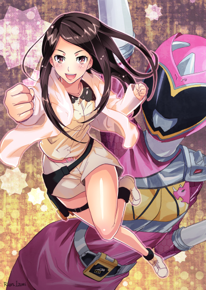 1girl, amy_yuzuki, amy_yuzuuki, animification, black_hair, clenched_hand, female_focus, holster, izumi_rion, kyoryupink, long_hair, open_mouth, shorts, skirt, solo, super_sentai, zyuden_sentai_kyoryuger