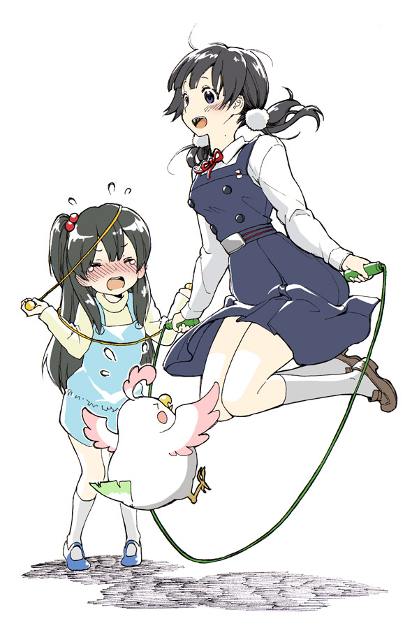 10s, 2girls, :d, bird, black_hair, blue_eyes, blush, closed_eyes