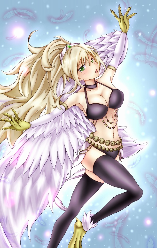 1girl, armpits, bare_shoulders, bikini, black_bikini, black_thighhighs, blonde_hair, blush, breasts, claws, cleavage, collarbone, duel_monster, feathers, female_focus, green_eyes, halterneck, harpie_dancer, harpy, large_breasts, legs, long_hair, looking_at_viewer, monster_girl, navel, open_mouth, outstretched_arms, ponytail, ryuu_(blackdeeno), solo, swimsuit, thighhighs, winged_arms, wings, yu-gi-oh!
