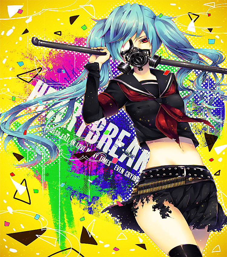 1girl, aqua_hair, belt, female_focus, gas_mask, hatsune_miku, lead_pipe, long_hair