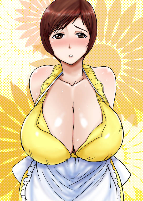 1girl, blush, breasts, brown_eyes, brown_hair, cleavage, female_focus, huge_breasts