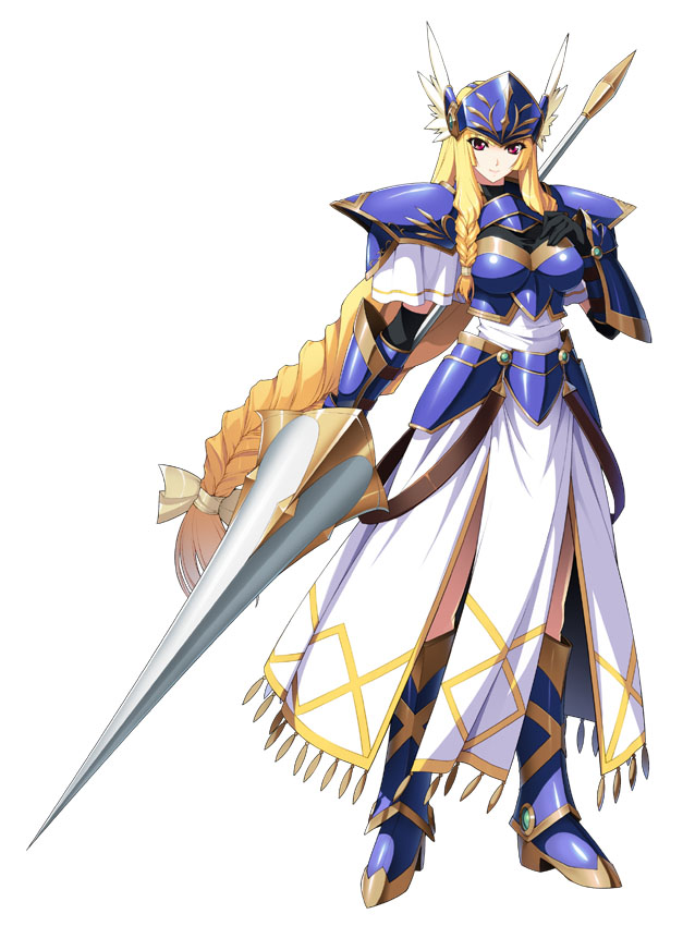 1girl, armor, armored_dress, blonde_hair, boots, bracer, braid, dress, elbow_gloves, female_focus, full_body, gloves, helmet, himekishi_olivia, lance, long_hair, lune_(himekishi_olivia), official_art, pauldrons, polearm, red_eyes, shoulder_armor, single_braid, smile, solo, valkyrie, very_long_hair, weapon, white_background, winged_helmet