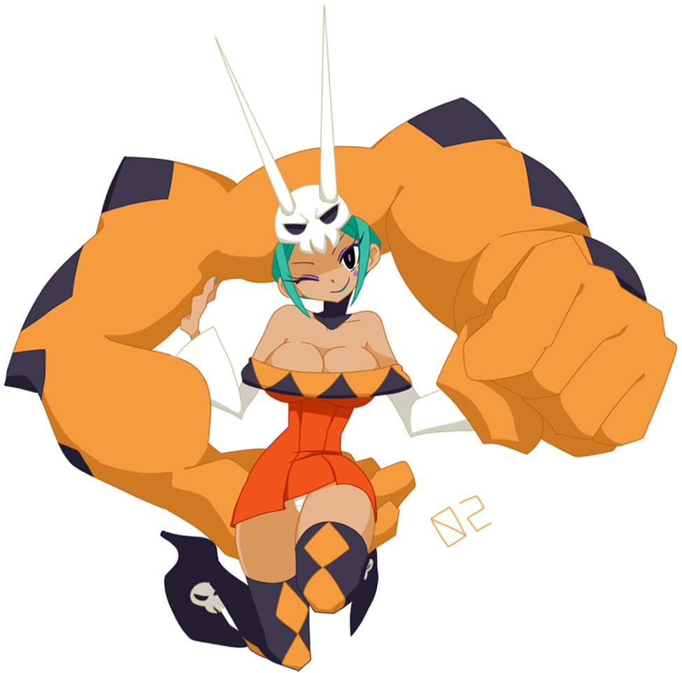 1girl, aqua_hair, aqua_lips, argyle_clothes, argyle_legwear, bare_shoulders, boots, breasts, cerebella_(skullgirls), cleavage, dark-skinned_female, dark_skin, dress, eyeshadow, facial_tattoo, green_lips, hat, holding, horns, large_breasts, lipstick, living_clothes, looking_at_viewer, makeup, nail_polish, narrow_waist, one_eye_closed, orange_dress, panties, pantyshot, pointy_boots, pokki_(sue_eus), shoes, short_dress, skull, skullgirls, smile, tattoo, thigh_boots, thighhighs, underwear, vice-versa_(skullgirls), white_panties, wink