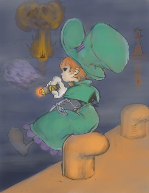 1girl, alternate_color, cigar, explosion, hat, mechanical_arms, mushroom_cloud, namasomi