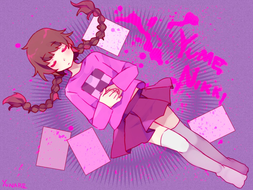 1girl, braid, brown_hair, closed_eyes, copyright_name, female_focus, long_hair, madotsuki