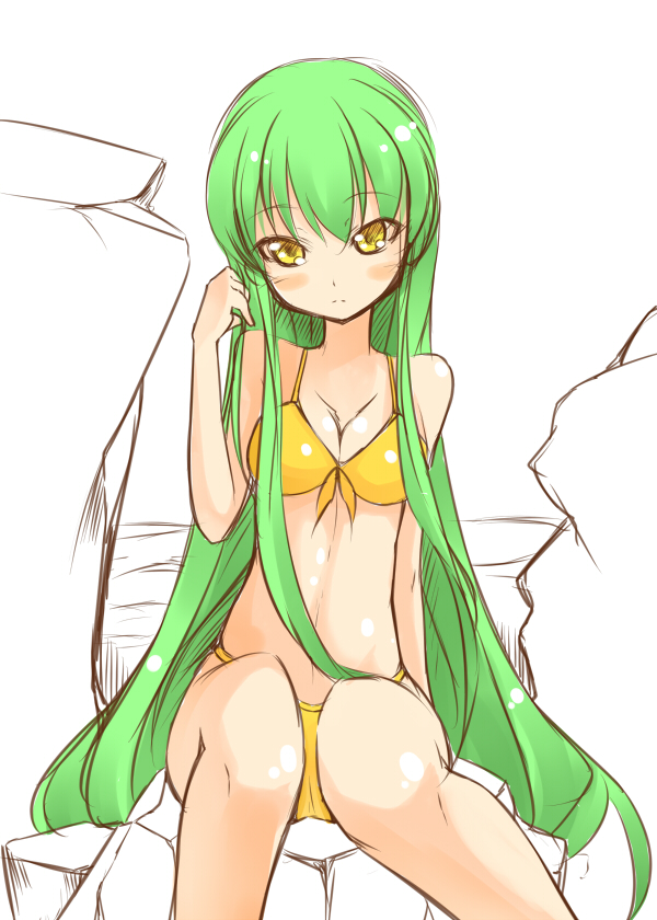 1girl, beigu, bikini, blush_stickers, breasts, c.c., cleavage, code_geass, female_focus, green_hair, long_hair, looking_at_viewer, partially_colored, sitting, solo, swimsuit, very_long_hair, yellow_bikini, yellow_eyes