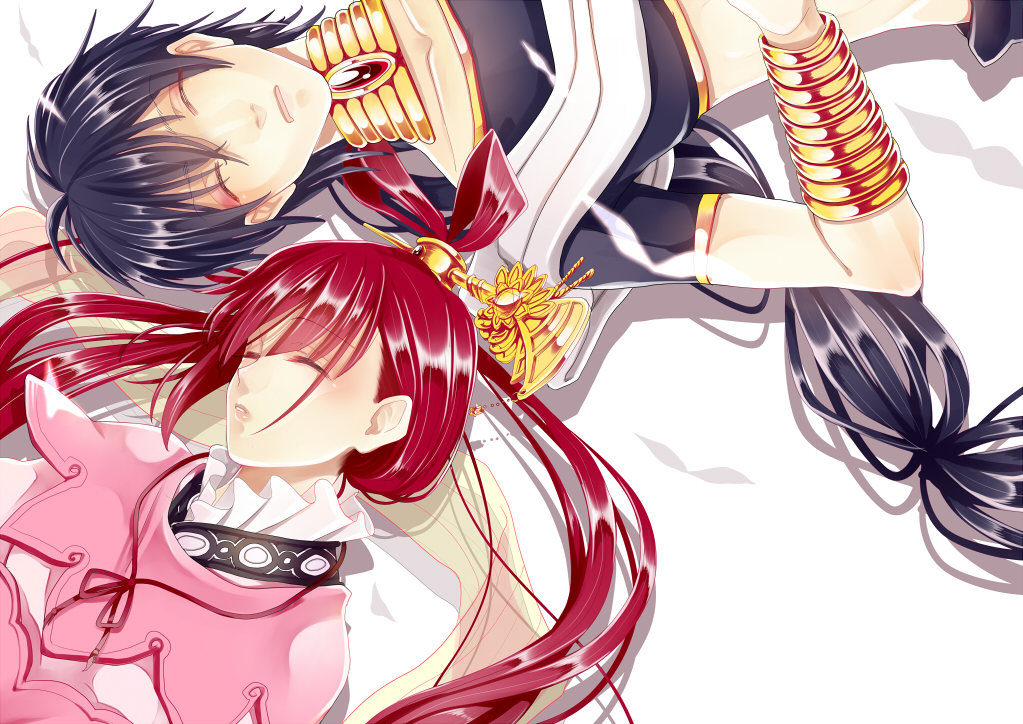 1boy, 1girl, bad_id, bad_pixiv_id, black_hair, braid, chinese_clothes, hair_rings