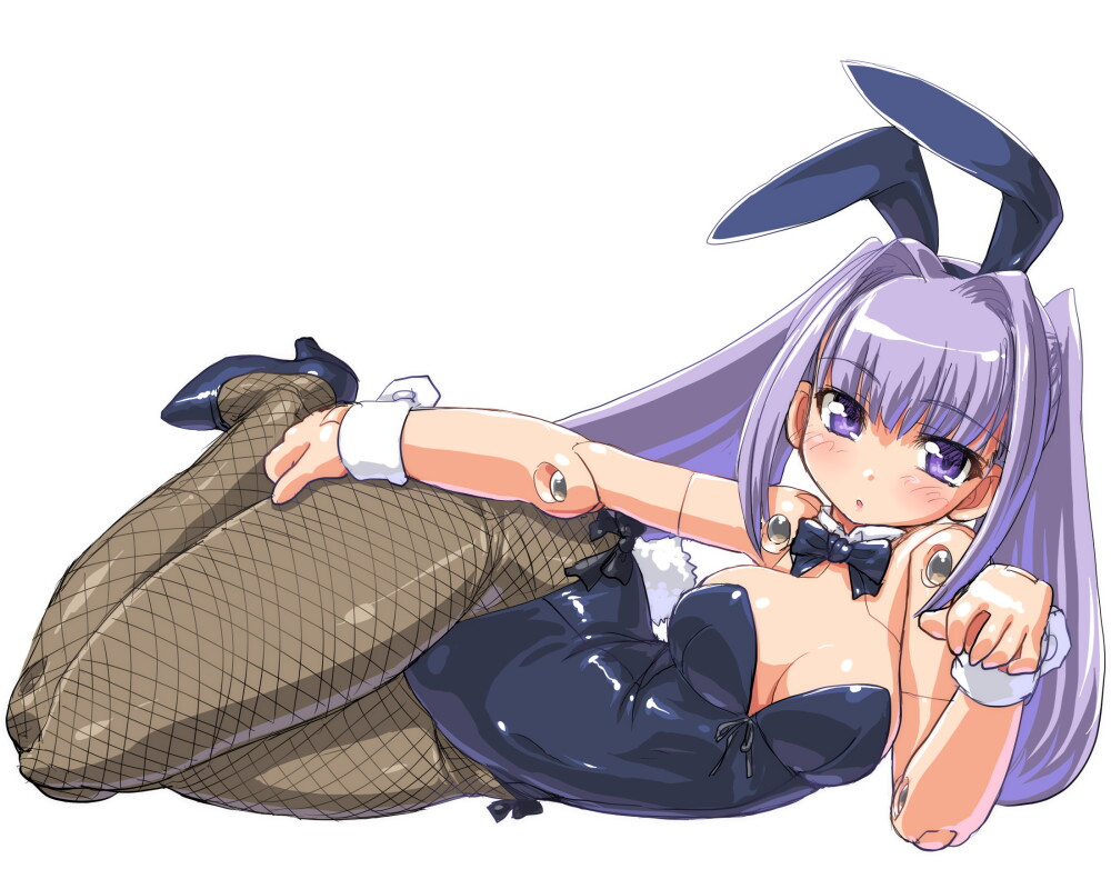 10s, 1girl, animal_ears, bad_id, bad_pixiv_id, blush, bow, bowtie, busou_shinki, dd_(ijigendd), detached_collar, doll_joints, fake_animal_ears, female_focus, fishnet_pantyhose, fishnets, high_heels, joints, long_hair, lying, on_side, pantyhose, playboy_bunny, purple_eyes, purple_hair, rabbit_ears, rabbit_tail, sharatang, sharatang_(busou_shinki), shoes, solo, tail, twintails, white_background, wrist_cuffs