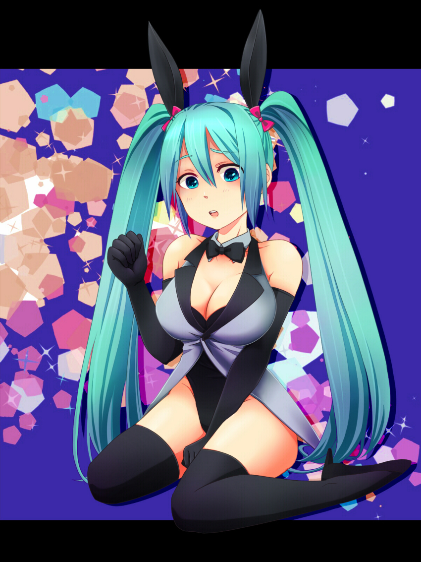 1girl, animal_ears, aqua_eyes, aqua_hair, bow, bowtie, breasts, cleavage, collar, elbow_gloves, fake_animal_ears, female_focus, gloves, hatsune_miku, high_heels, highres, kyuutsugi, large_breasts, letterboxed, long_hair, rabbit_ears, shoes, sitting, solo, thighhighs, twintails, very_long_hair, vocaloid, wariza