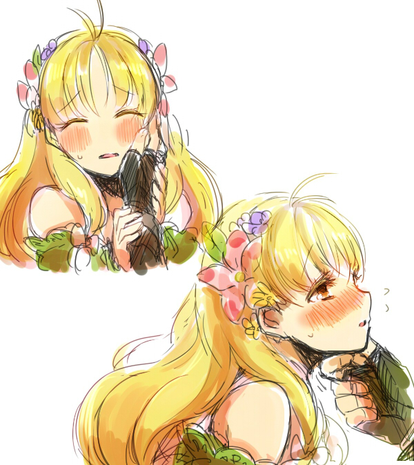 1boy, 1girl, 38kb_(38shiki), atelier_(series), atelier_ayesha, ayesha_altugle, blonde_hair, blush, brown_eyes, fingerless_gloves, flower, gloves, grabbing_another's_chin, hair_flower, hair_ornament, hand_on_another's_cheek, hand_on_another's_chin, hand_on_another's_face, hetero, keithgriff_hazeldine, long_hair, sketch, white_background