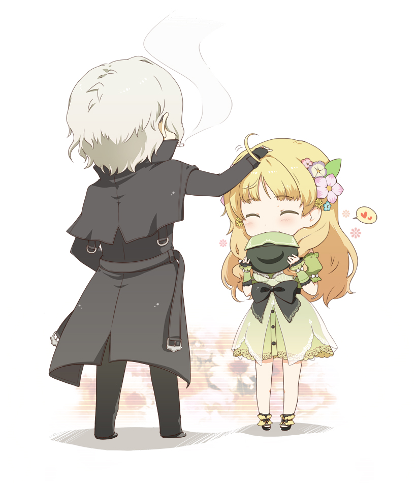 1boy, 1girl, atelier_(series), atelier_ayesha, ayesha_altugle, blonde_hair, bow, cigarette, closed_eyes, gari_(lilac), hair_ornament, hetero, keithgriff_hazeldine, long_hair, smile, waist_bow, white_hair