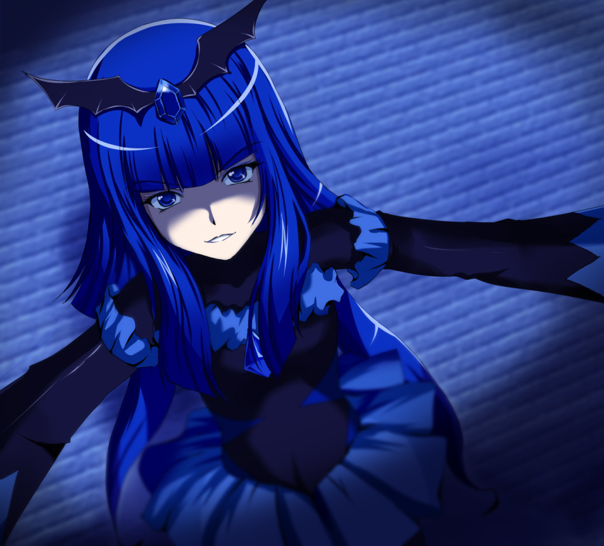 10s, 1girl, bad_end_beauty, bad_end_precure, bat_wings, black_bodysuit, blue_eyes, blue_hair