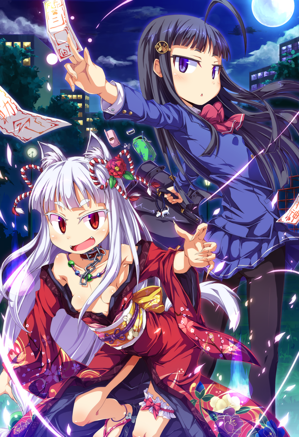 2girls, ahoge, animal_ears, anklet, ascot, ass, black_hair, black_legwear, breasts, claws, collar, collarbone, fangs, frilled_thigh_strap, full_moon, garter_straps, hair_ornament, heart, inugami_(folklore), japanese_clothes, jewelry, jitome, kimono, kouhaku_nawa, moeru!_jiten, moeru!_youkai_jiten, moon, multiple_girls, ofuda, open_mouth, original, pantyhose, purple_eyes, red_eyes, rope, sandals, shimenawa, skirt, slit_pupils, small_breasts, tail, talisman, thigh_strap, toraishi_666, white_hair