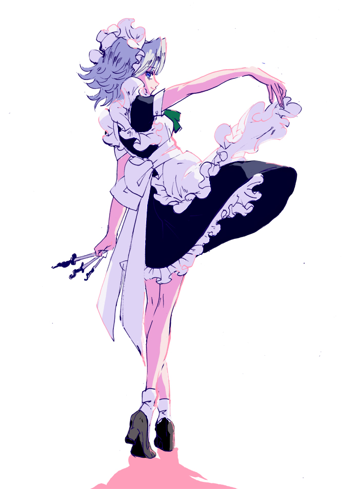 1girl, apron, bad_id, bad_pixiv_id, blue_eyes, crossed_legs, female_focus, izayoi_sakuya