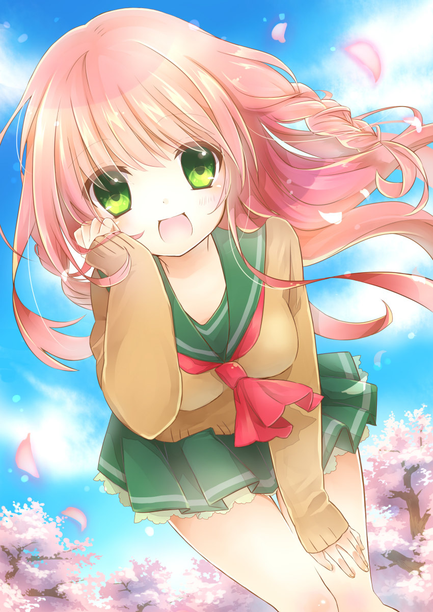 1girl, absurdres, braid, cherry_blossoms, cloud, day, female_focus, green_eyes