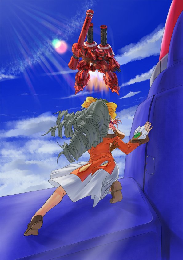 1girl, achtzehn, bad_id, bow, day, dress, drill_hair, grey_hair