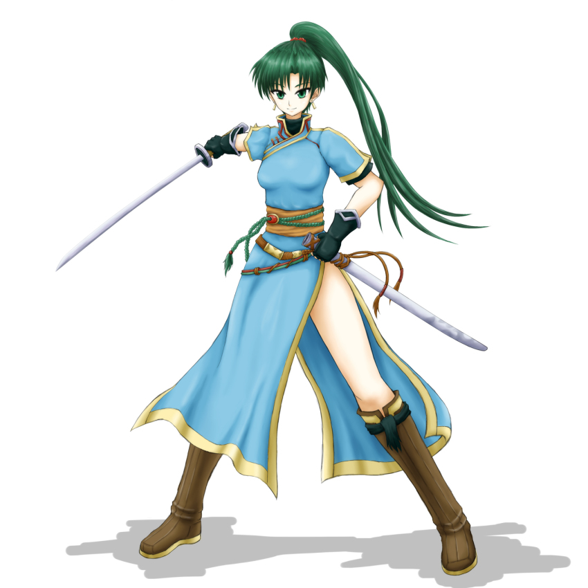 1girl, belt, boots, breasts, earrings, female_focus, fingerless_gloves, fire_emblem, fire_emblem:_the_blazing_blade, gloves, green_eyes, green_hair, high_ponytail, highres, jewelry, katana, kitaokasensei, long_hair, lyn_(fire_emblem), matching_hair/eyes, nintendo, ponytail, sheath, side_slit, smile, solo, sword, weapon