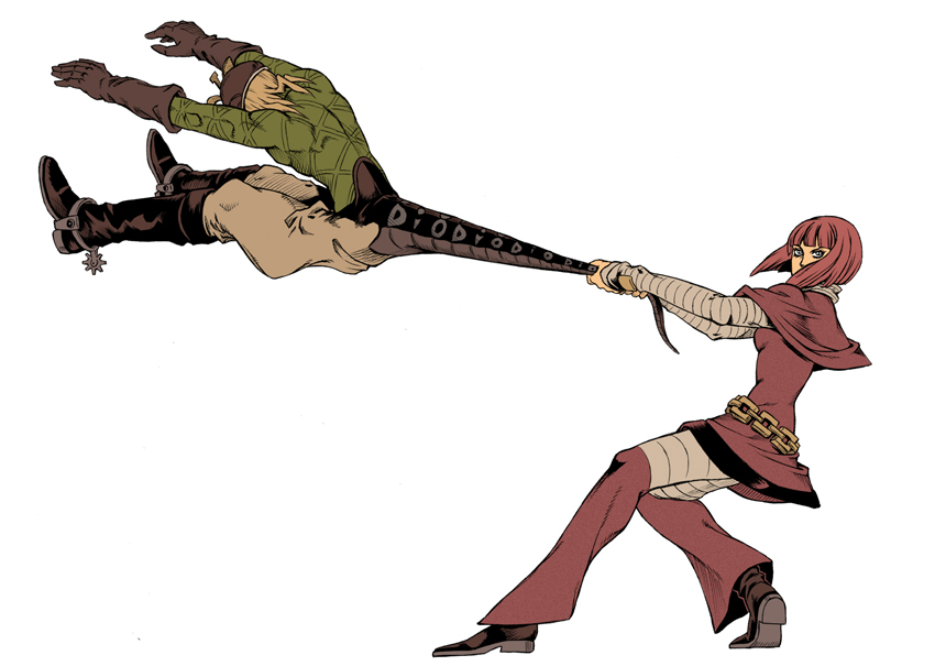 1boy, 1girl, ashiro_(collective-mind), belt, blonde_hair, boots, diego_brando, gloves, green_shirt, hat, hot_pants_(sbr), jojo_no_kimyou_na_bouken, red_hair, scary_monsters_(stand), shirt, short_hair, simple_background, spurs, stand_(jojo), steel_ball_run, tail, tail_grab, throwing, turtleneck, white_background