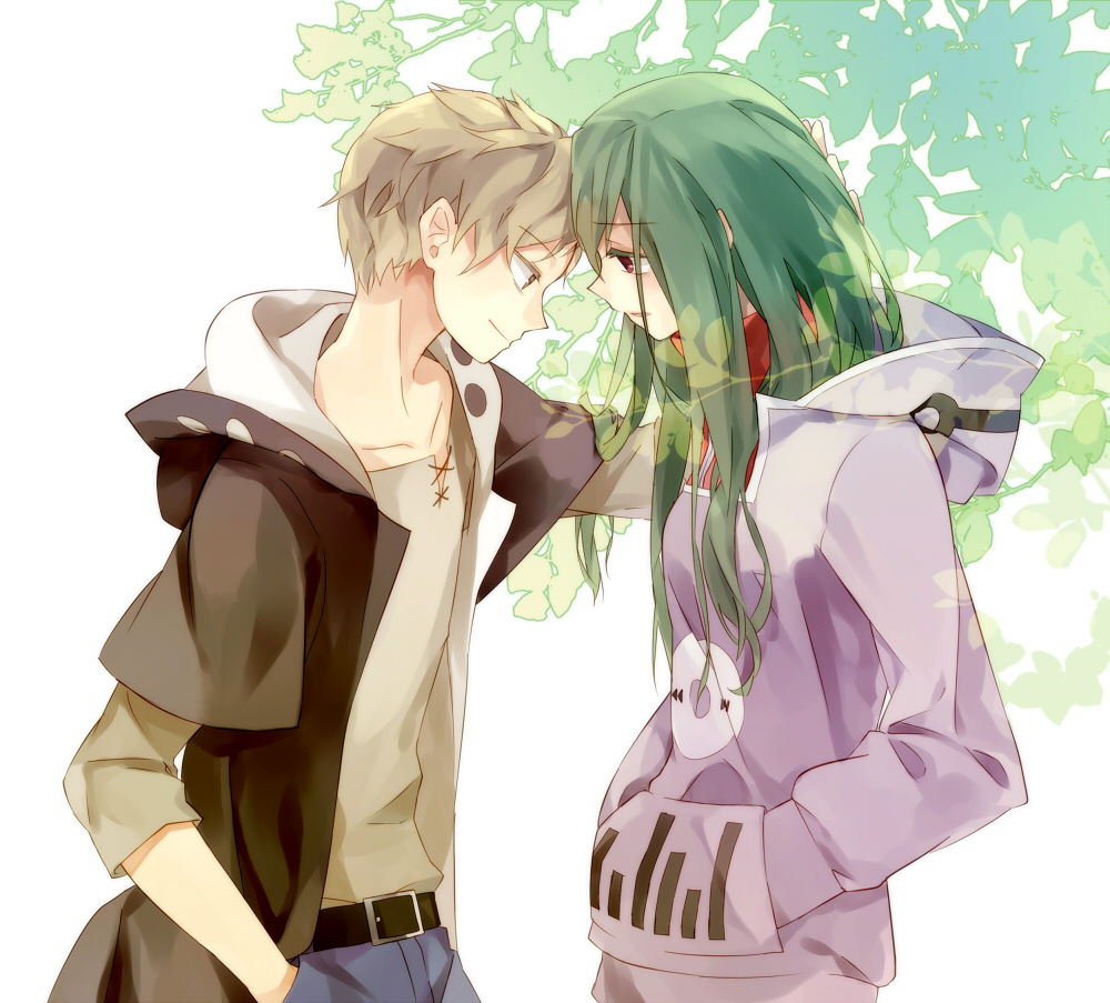 1boy, 1girl, brown_eyes, brown_hair, donut_(artist), face-to-face, forehead-to-forehead, green_hair