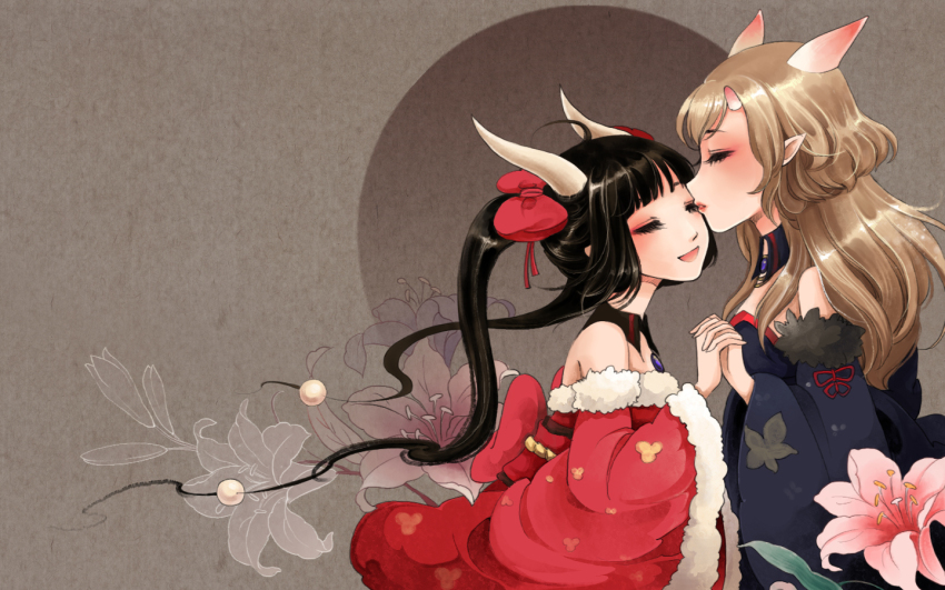 2girls, ayakashi_onmyouroku, bare_shoulders, black_hair, blonde_hair, closed_eyes, flower, fur_trim