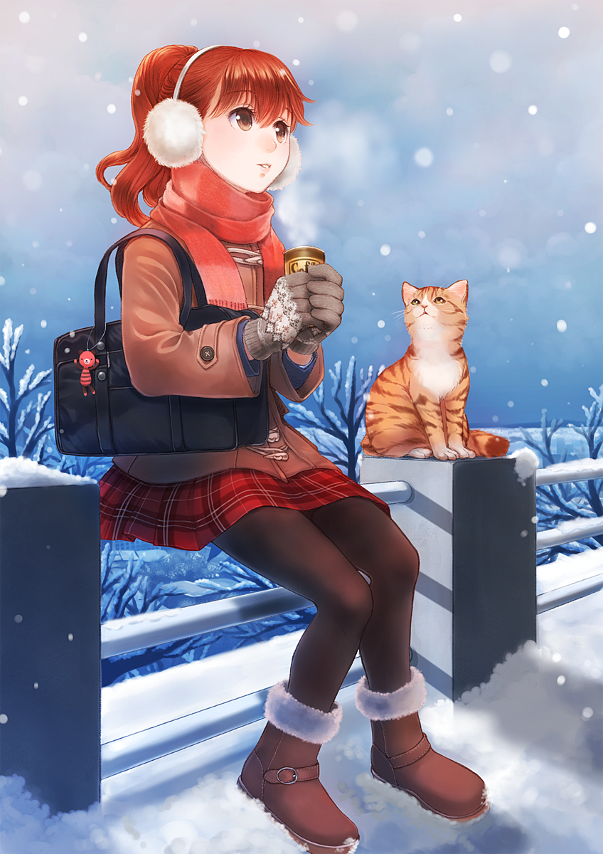 1girl, bag, boots, brown_eyes, cat, coffee, cup, earmuffs