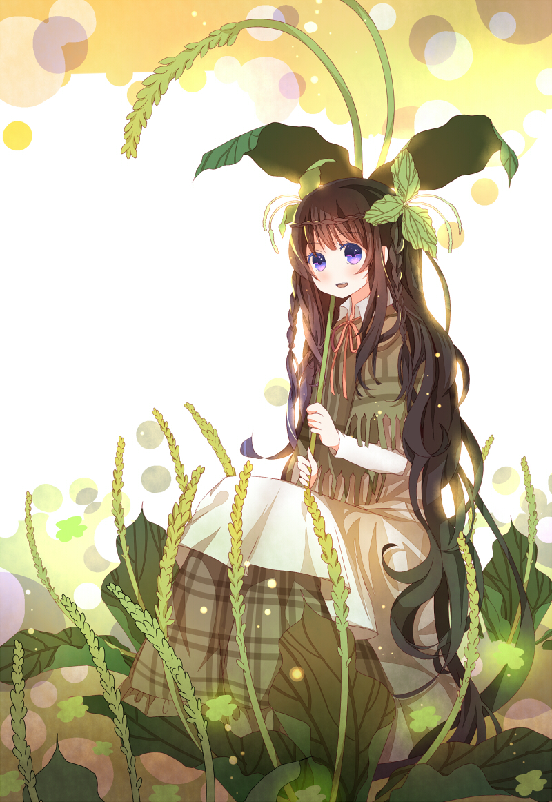 1girl, bad_id, bad_pixiv_id, braid, brown_hair, dress, female_focus, leaf