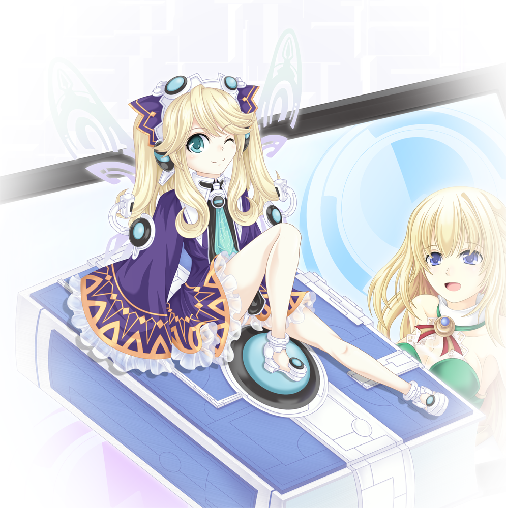 10s, 2girls, blonde_hair, blue_eyes, boldcats, breasts, cleavage, fairy_wings, female_focus, hat, histoire, large_breasts, long_hair, multiple_girls, neptune_(series), one_eye_closed, panties, pantyshot, sitting, twintails, underwear, upskirt, vert_(neptunia), wings, wink