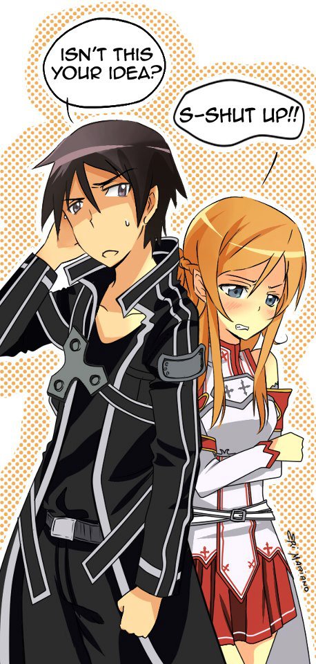 alternate_hairstyle, asuna_(sao)_(cosplay), blush, brother_and_sister, cosplay, hard-translated, kirito_(cosplay), kousaka_kirino, kousaka_kyousuke, long_image, ore_no_imouto_ga_konna_ni_kawaii_wake_ga_nai, siblings, sword_art_online, tall_image, text_focus, third-party_edit, translated