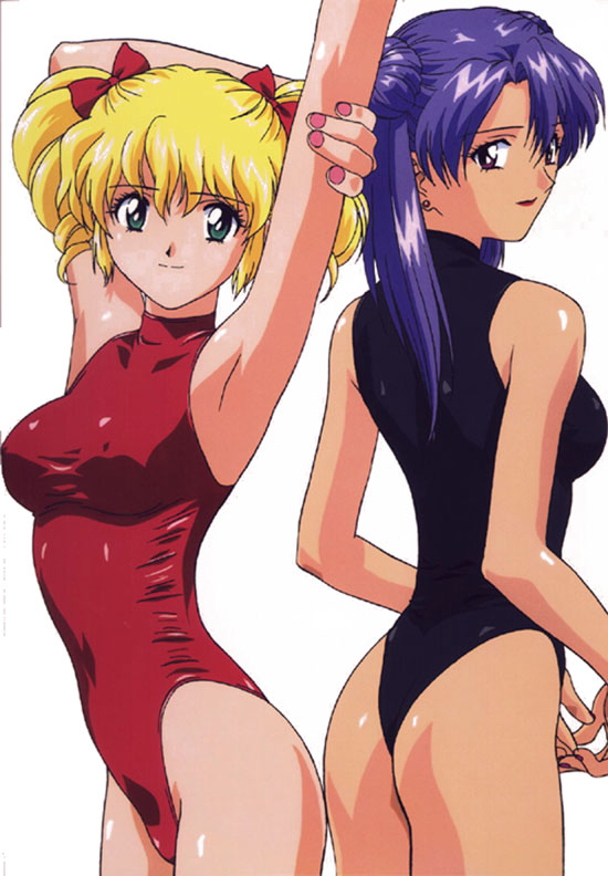 1980s_(style), 2girls, armpits, arms_behind_back, arms_up, asagiri_rei, ass, bare_shoulders, black_leotard, blonde_hair, bow, double_bun, earrings, green_eyes, hair_bow, hair_bun, idol_densetsu_eriko, jewelry, leotard, lipstick, looking_back, makeup, multiple_girls, nail_polish, oldschool, pantyhose, pink_nails, purple_eyes, purple_hair, red_leotard, retro_artstyle, skin_tight, spandex, stretching, tamura_eriko, twintails, yamauchi_noriyasu