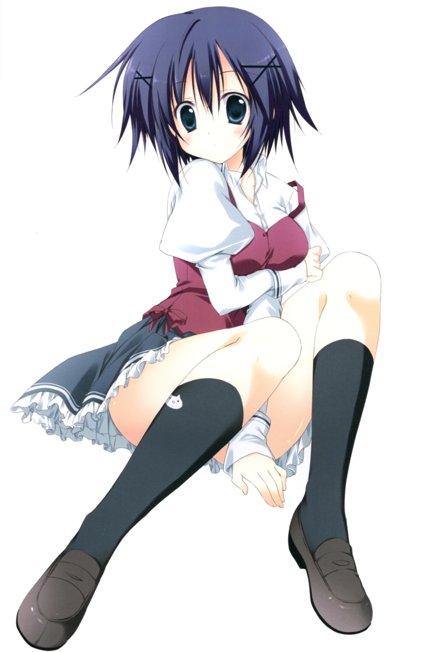 1girl, absurdres, black_hair, black_socks, blue_eyes, blue_hair, blush, brown_shoes