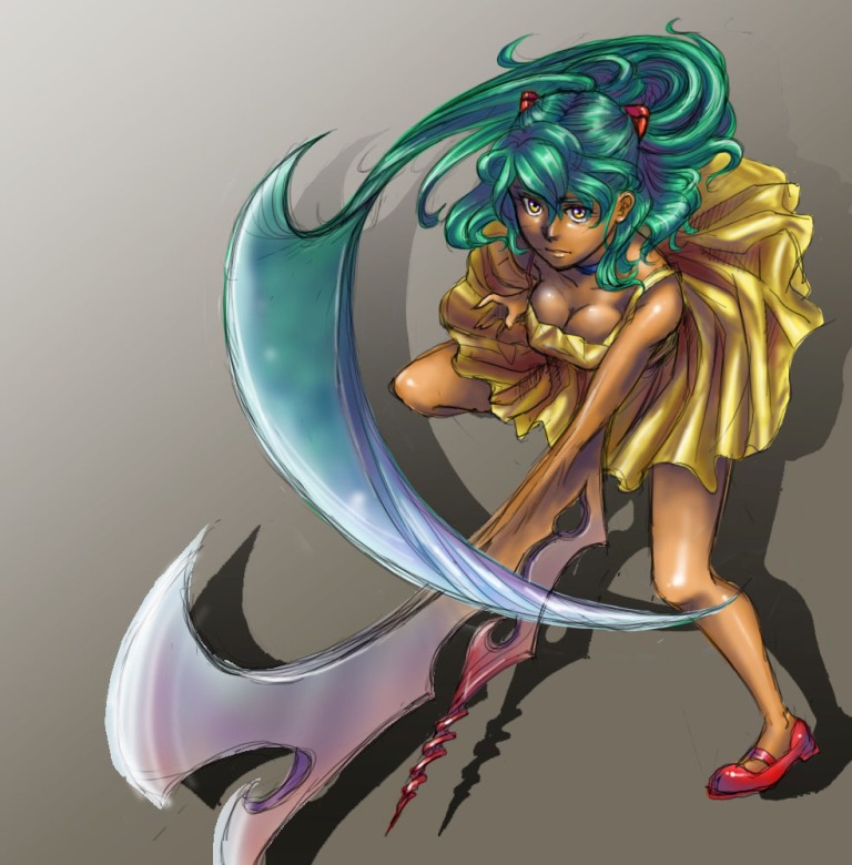 1girl, aged_up, alternate_costume, bad_id, bad_pixiv_id, blade, breasts, choker