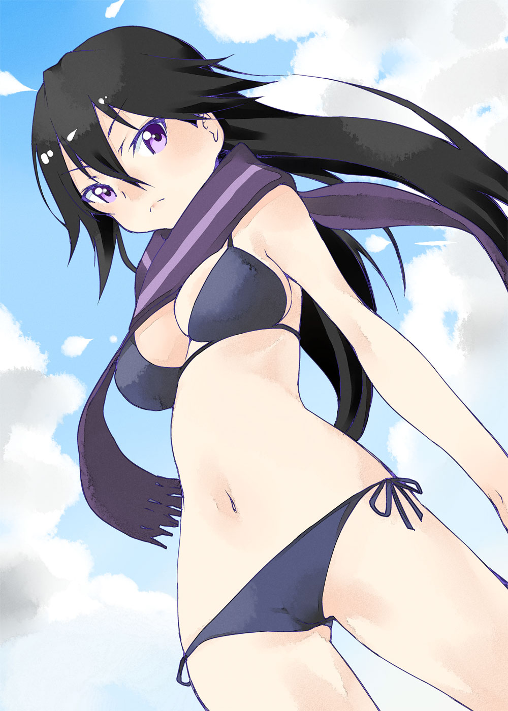 1girl, bikini, black_hair, breasts, cameltoe, covered_erect_nipples, female_focus, highres, kuroki_rei, long_hair, medium_breasts, purple_eyes, scarf, side-tie_bikini_bottom, solo, swimsuit, tsukasa_takashi, vividred_operation