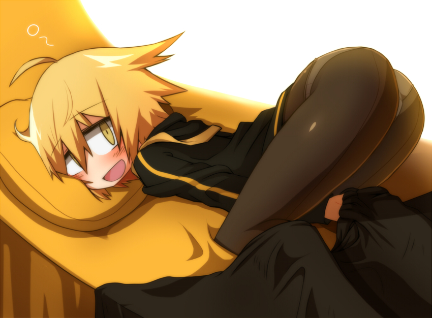 1girl, :d, ahoge, ass, bed, black_pantyhose, blonde_hair, blush