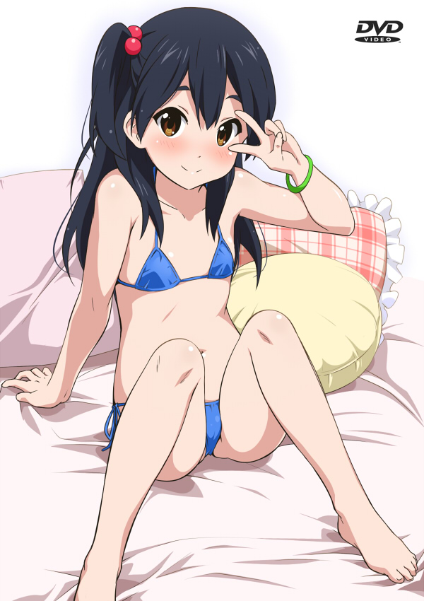 10s, 1girl, arm_support, barefoot, bikini, black_hair, blue_bikini, blush