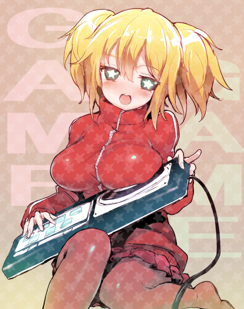 1girl, :d, bad_id, bad_pixiv_id, blonde_hair, blush, bms_of_fighters, breast_rest, breasts, brown_pantyhose, cable, english_text, female_focus, game-ko, green_eyes, head_tilt, holding, jacket, large_breasts, long_sleeves, looking_at_viewer, miniskirt, mutsutake, no_shoes, open_mouth, pantyhose, phonograph, playing_games, pleated_skirt, short_hair, short_twintails, single_vertical_stripe, sitting, skirt, smile, solo, star-shaped_pupils, star_(symbol), symbol-shaped_pupils, track_jacket, turntable, turtleneck, twintails, zipper