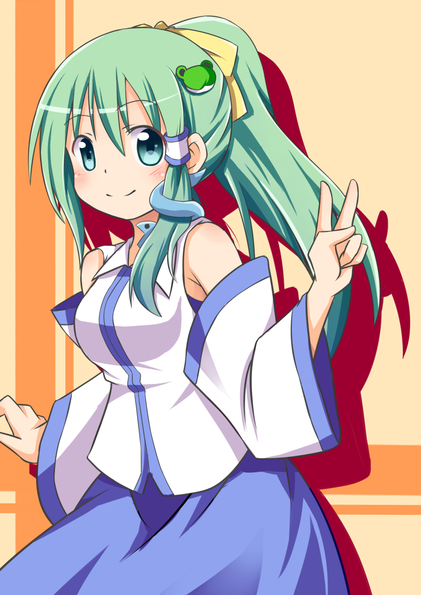 1girl, absurdres, blush, breasts, detached_sleeves, female_focus, frog_hair_ornament, green_eyes